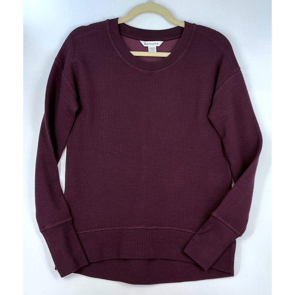 Athleta Coaster Lux Waffle Sweatshirt Thumbhole Pullover Sz XXS Burgundy Cozy
